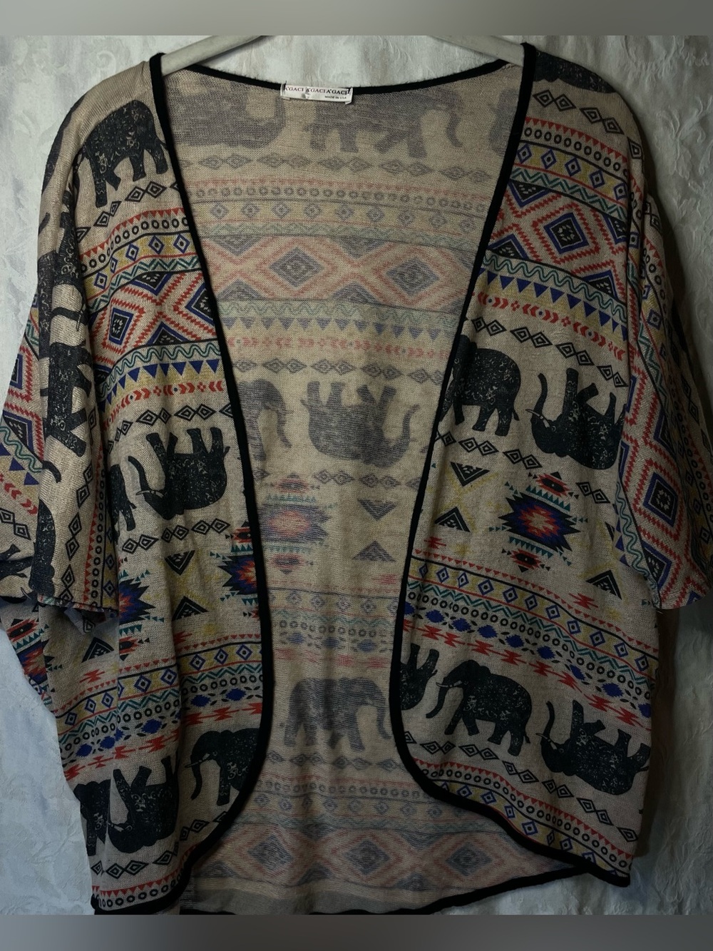 a'gaci Beige Elephant Print Open Cardigan with Black Trim and Multicolor Accents